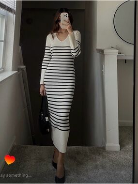 Commense Cream and Black Striped Maxi Rib Knit Dress